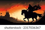 Silhouette of a medieval knight on horse carrying a flag on dramatic scene. Silhouette of a medieval knight on horse carrying.