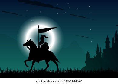 Silhouette of a medieval knight on a horse carrying a flag on the battlefield