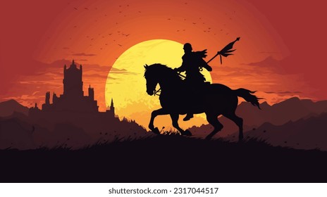 Silhouette of a medieval knight on horse carrying a flag on dramatic scene. Silhouette of a medieval knight on horse