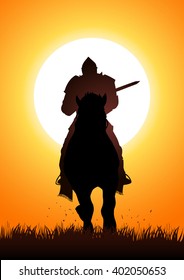 Silhouette of a medieval knight on horse carrying a lance