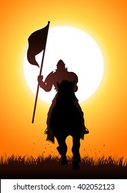 Silhouette Of A Medieval Knight On Horse Carrying A Flag