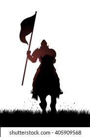 Silhouette of a medieval knight on horse carrying a flag