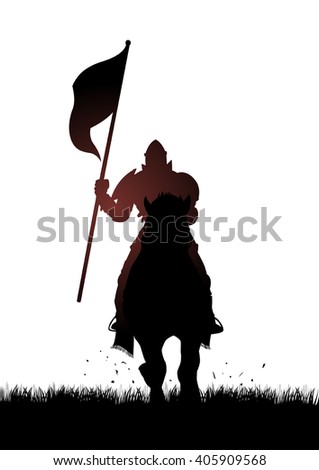 Silhouette of a medieval knight on horse carrying a flag