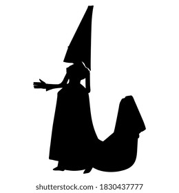Silhouette of medieval lady in long dress with train and high headgear. Gothic young woman.