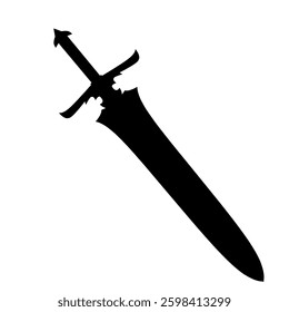Silhouette of a medieval sword, symbolizing strength, power, battle, fantasy, and history. Can be used for themes related to knights, warriors, medieval times, and video games