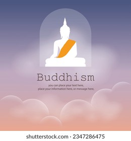 Silhouette de un Buda meditante detrás de una nube y copia del fondo del vector espacial - Día de la Magha puja, cartel del Día de Vesak, importantes días de budismo cultura en Tailandia