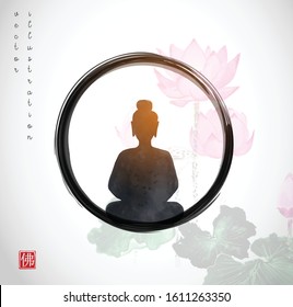 Silhouette of meditating Buddha in black enso zen circle with pink lotuses on background.