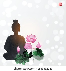 Silhouette of meditating Buddha and pink lotus flowers on white glowing background. Hieroglyph - Buddha.