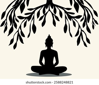 Silhouette of a meditating Buddha under a Bodhi tree. A peaceful and spiritual vector illustration, perfect for meditation, yoga, and Buddhist themes