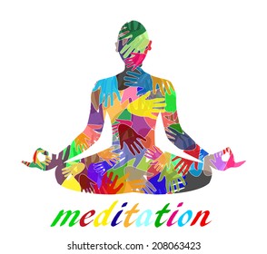 silhouette meditating composed of colored hands
