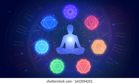 Silhouette of meditating human sitting in the lotus position and seven chakras