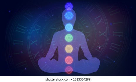 Silhouette of meditating human sitting in the lotus position and seven chakras
