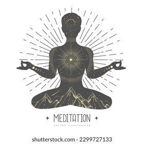 Silhouette of a meditating man with outer space, universe, sun, moon, stars and mountains inside. Vector illustration