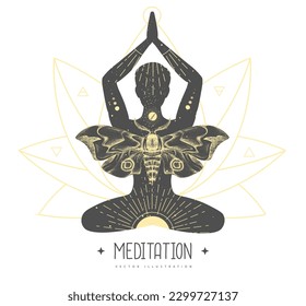 Silhouette of a meditating man with outer space, universe, stars, butterfly and planets inside. Vector illustration