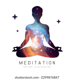 Silhouette of meditating man with outer space, universe and stars inside. Vector illustration