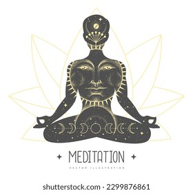 Silhouette of a meditating man with outer space, universe, sun, moon, stars and planets inside. Vector illustration
