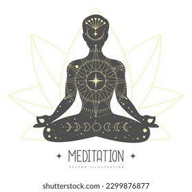 Silhouette of a meditating man with outer space, universe, sun, moon, stars and planets inside. Vector illustration