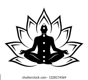 Silhouette of a meditating man sitting in a Lotus position. Black abstract silhouette isolated on white background.
