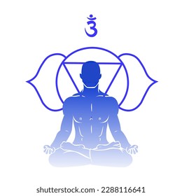 Silhouette of meditating man and symbol of Ajna (third eye chakr