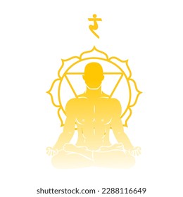 Silhouette of meditating man and symbol of Manipura (solar plexu
