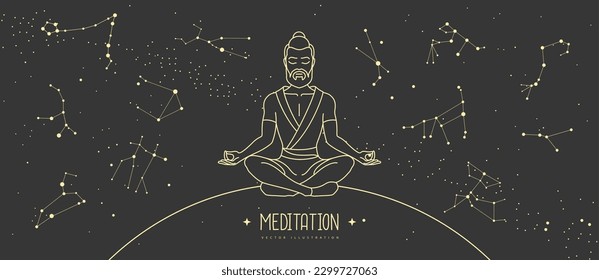 Silhouette of meditating man with zodiac constellations in the night sky. Set of Zodiac signs. Vector illustration