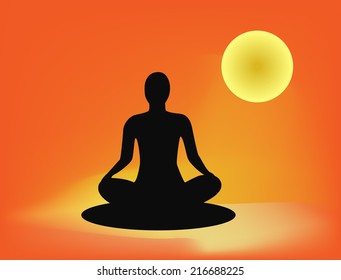 Silhouette meditating with a sunset background vector illustration