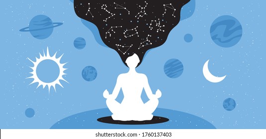 Silhouette of a meditating woman in lotus position. Against the background of astrological planets and the zodiac constellations.