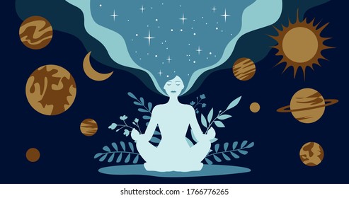 Silhouette of a meditating woman in lotus position. Against the background of astrological planets and the plant branches.