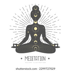 Silhouette of meditating woman with outer space, universe, stars, sun, moon, chakras and planets inside. Vector illustration