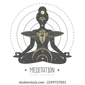 Silhouette of meditating woman with outer space, universe, stars, sun, moon, butterfly and planets inside. Vector illustration