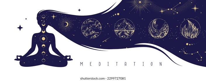 Silhouette of meditating woman with outer space and four elements inside long hair. Magic witchcraft astrology background. Vector illustration