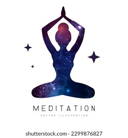 Silhouette of meditating woman with outer space, universe and stars inside. Vector illustration