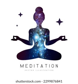 Silhouette of meditating woman with outer space, universe and stars inside. Vector illustration