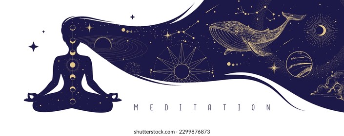 Silhouette of meditating woman with outer space inside long hair. Magic witchcraft astrology background. Vector illustration