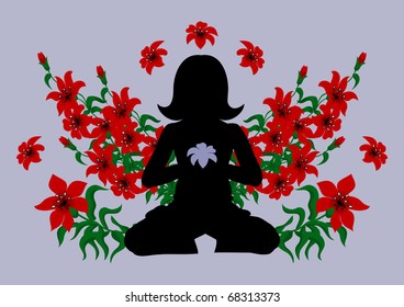  Silhouette of meditating woman surrounded with red lilies