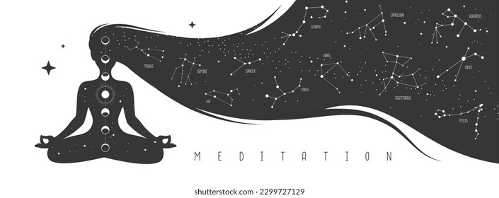 Silhouette of meditating woman with zodiac constellations inside long hair. Set of Zodiac signs. Vector illustration