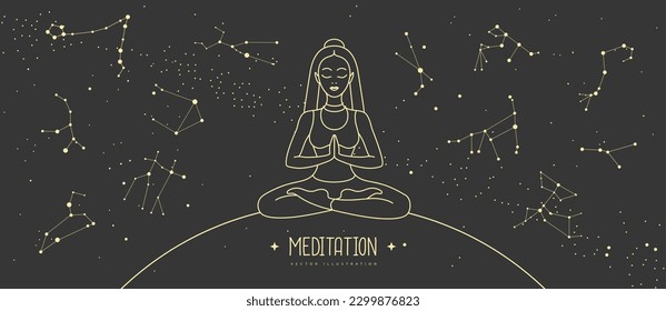 Silhouette of meditating woman with zodiac constellations in the night sky. Set of Zodiac signs. Vector illustration