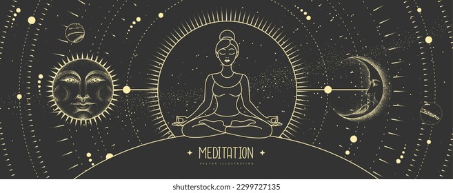 Silhouette of meditating young woman. Sun and moon sign with human face on outer space background. Day and nignt. Vector illustration