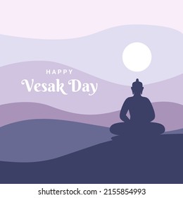 Silhouette of a meditation buddha on a hill with sky and moon background, flat style design, as a template for Vesak day and Buddha Purnima day. vector illustration.