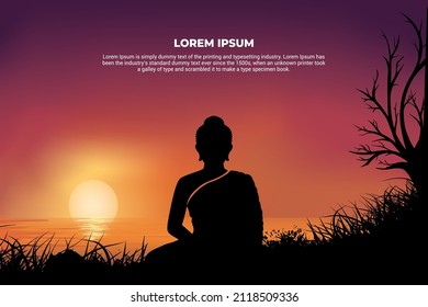 Silhouette of meditation lord buddha with sunset background. Elegant Buddha silhouette vector illustration. Happy Vesak Day background vector. 