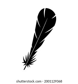 The silhouette of a medium-sized bird's feather, made in black on a white background. A vector image.