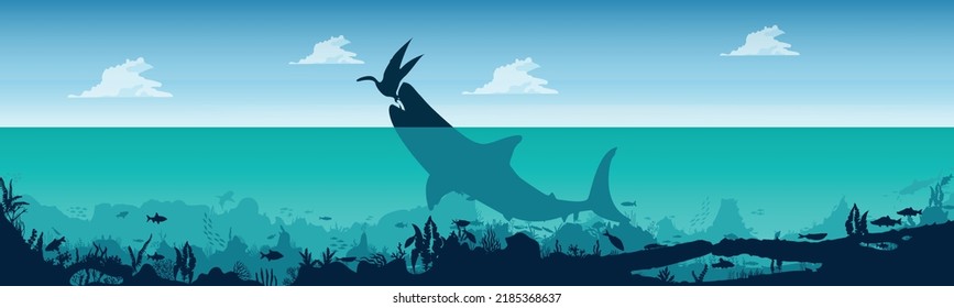 Silhouette of megalodon on the hunt. Prehistoric underwater world. Extinct sharks. Panorama. Vector illustration.