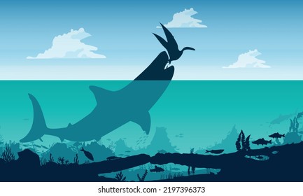 Silhouette of megalodon on the hunt. Prehistoric underwater world. Extinct sharks. Vector illustration.