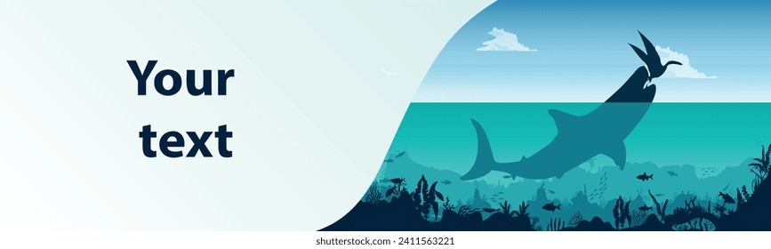 Silhouette of megalodon on the hunt. Prehistoric underwater world. Extinct sharks. Panorama. Vector illustration.