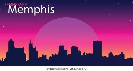A silhouette of the Memphis, Tennessee city skyline against a bright purple and pink sky with a large round moon in the style of a retro-futuristic or neon wipe, with stars scattered across the sky.