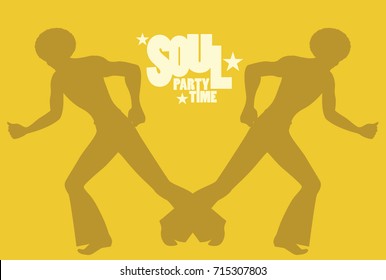 Silhouette of men dancing soul, funky or disco music. Retro Style.