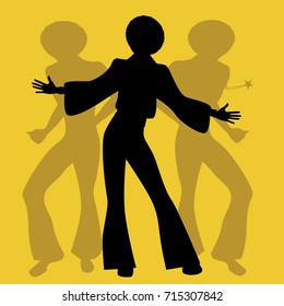 Silhouette of men dancing soul, funky or disco music. Retro Style.