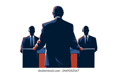 Silhouette of men debating with moderator in foreground isolated on white background