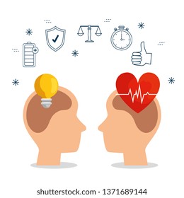silhouette men head with bulb idea and heartbeat