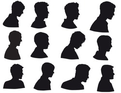 Silhouette Of Men Head, Face In Profile, Isolated On White Background